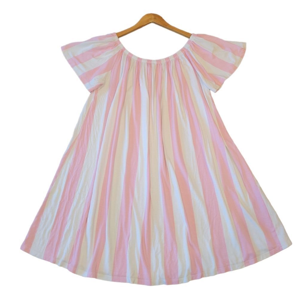 ASOS Pink White Stripe Cabana Candy Stripe Off Shoulder Short Sleeve Dress 8 - Picture 3 of 12